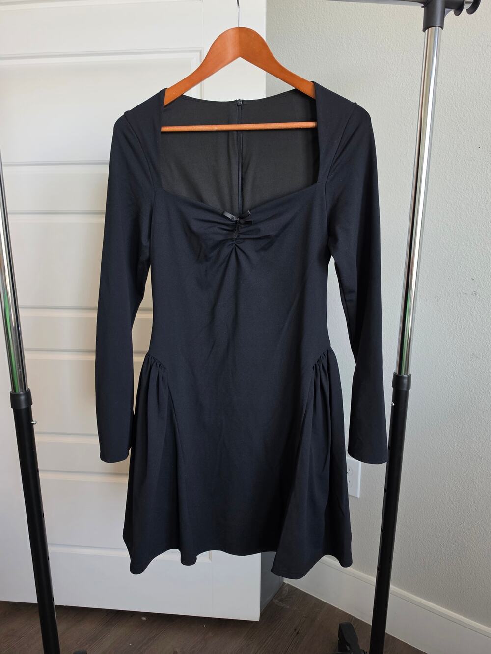 SHEIN Square Collar Long Sleeve A Line Mini Dress Black Size M